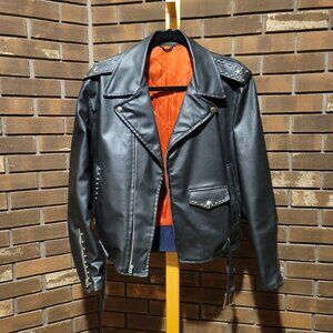 Vintage Black Leather Motorcycle Jacket Biker Moto Red Lining